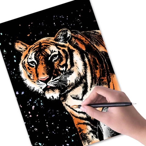 Scratch Art Paper Rainbow Animal Painting Cards With Wood Stylus DIY Educational Drawing Toys For Kids Stress Relief
