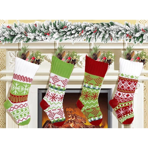 Knitted Christmas Stockings Acrylic Wool Snowflake Geometric Nordic Red Green White Festive Decor Hanging Gift Bags