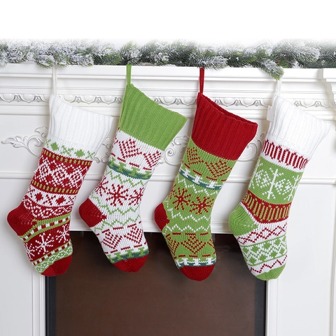 Knitted Christmas Stockings Acrylic Wool Snowflake Geometric Nordic Red Green White Festive Decor Hanging Gift Bags