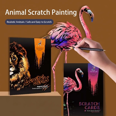 Scratch Art Paper Rainbow Animal Painting Cards With Wood Stylus DIY Educational Drawing Toys For Kids Stress Relief