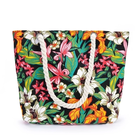 Große Kapazität Canvas Tote Bag Mit Baumwollseilgriff Tropischer Blumendruck Reißverschluss Strandhandtasche Für Frauen