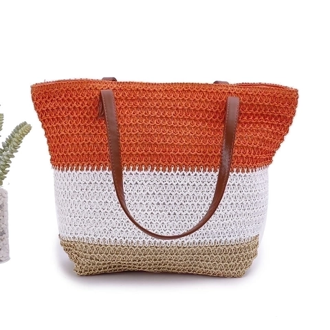 Borsa A Spalla In Paglia Intrecciata A Righe Grande Capacità Tote Da Spiaggia Colorata Con Manici In Pelle PU Chiusura Lampo Donna