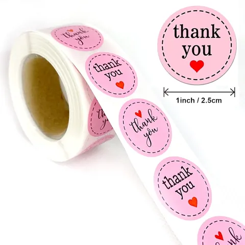 Pink Thank You Stickers Roll Round Heart Shape Self-Adhesive Labels For Gift Packaging Envelope Seal Handmade Decorative