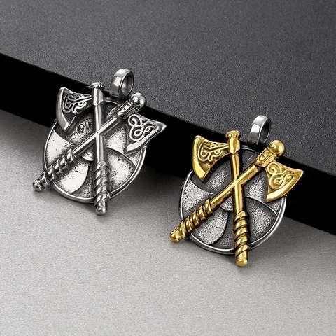 Collier Pendentif Bouclier À Double Hache Viking Rétro Acier Inoxydable Style Punk Noeud Celtique Bijoux Pour Hommes
