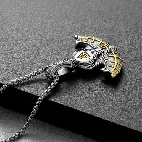 Viking Axe Pendant Necklace Stainless Steel Valknut Rune Retro Punk Thor Axe Jewelry For Men