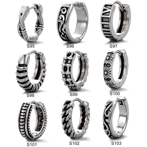 Retro Stainless Steel Hoop Earrings For Men Punk Geometric Roman Numeral Flower Daisy Piercing Earring