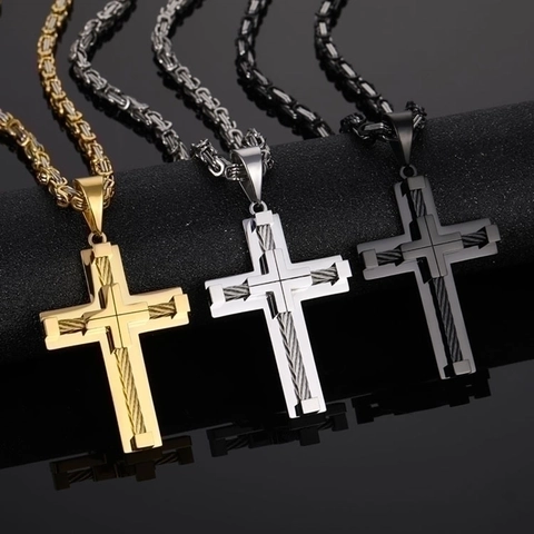 Cross Pendant Necklace Stainless Steel Byzantine Chain Cable Inlay Punk Style Men Jewelry Fashion Accessories