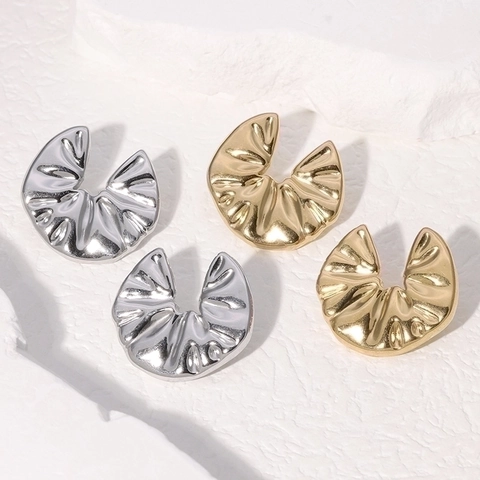 Pendientes de Botón Plisados de Acero Inoxidable Para Mujer Chapados en Oro 18K Textura Geométrica Minimalista Joyería de Moda