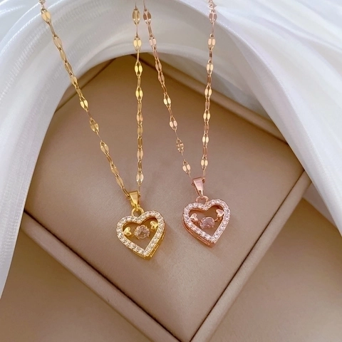 Herz Anhänger Halskette Für Frauen Titanstahl Kette Kupfer Mikro Pave Zirkonia Tanzender Stein Eleganter Schmuck