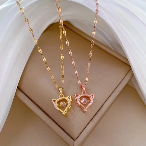 Collier Pendentif Renard Cœur Flottant Chaîne En Acier Inoxydable Cuivre Zircon Bijoux Élégants Pour Femmes