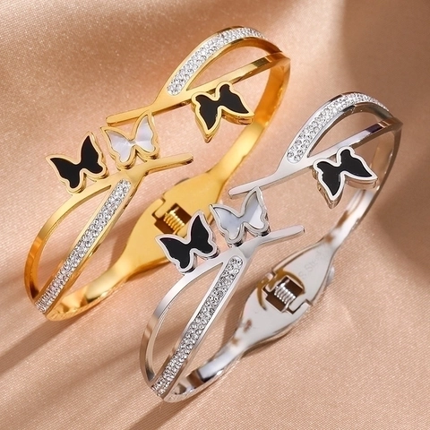 Stainless Steel Butterfly Bangle For Women Gold Silver Plated Black White Butterfly Rhinestone Inlaid Open Bracelet Elegant Jewelry Gift