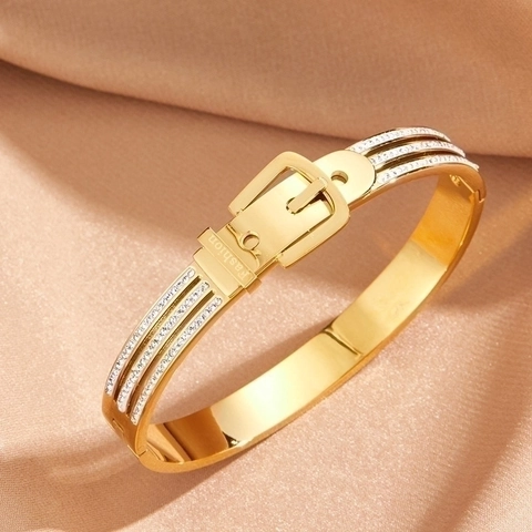 Brazalete De Moda De Acero Inoxidable Con Hebilla De Cinturón E Incrustaciones De Circonitas Pulido Joyería Elegante Para Mujer