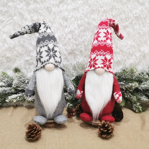 Gnomo Di Natale Peluche Cappello In Maglia Fiocchi Di Neve Bambola Babbo Natale Senza Volto Base Legno Arredo Festivo