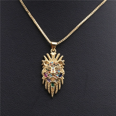 Collana Con Pendente Testa Di Leone Hip Hop Micro Intarsiato Zircone Colorato Rame Placcato Oro Catena A Scatola