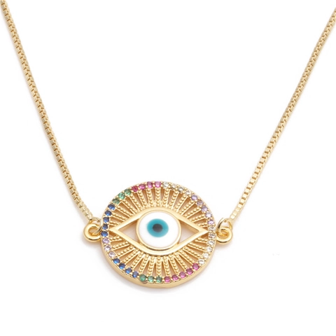 Collana Pendente Malocchio Micro Pave Zirconia Pietre Colorate Rame Placcato Oro Catena Scatola Moda Donne Boho