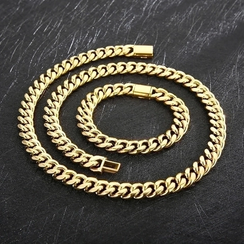 Collar Y Pulsera De Eslabones Cubanos Para Hombre Acero Inoxidable Pulido Estilo Hip Hop Punk Joyería Oro Acero