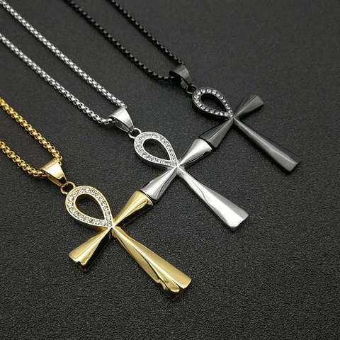 Collana Con Pendente Croce Ankh Egiziana Acciaio Inossidabile Placcato Oro Strass Gioielli Hip Hop Uomo Donna