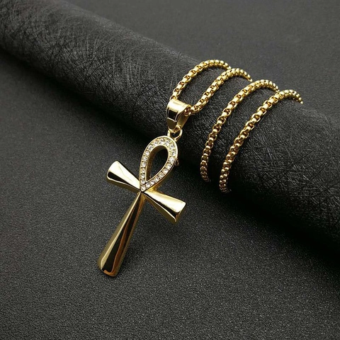 Collana Con Pendente Croce Ankh Egiziana Acciaio Inossidabile Placcato Oro Strass Gioielli Hip Hop Uomo Donna