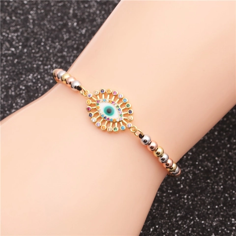 Pulsera De Cuentas De Mal De Ojo Circonita Colorida Cobre Cuentas De Metal Mixtas Cuerda Tejida Ajustable Para Mujer