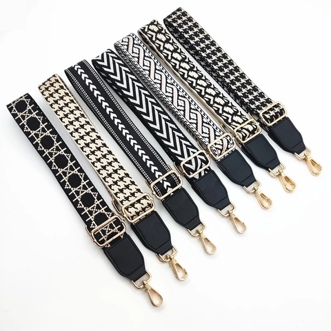Wide Bag Strap Replacement Adjustable Shoulder Crossbody Belt Ethnic Geometric Pattern Polyester PU Leather Gold Buckle