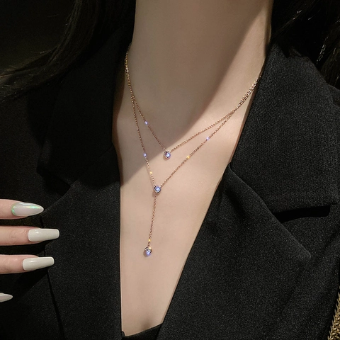 Layered Y Necklace Titanium Steel Rhinestone Clavicle Chain Minimalist Elegant Jewelry For Women Non Fading