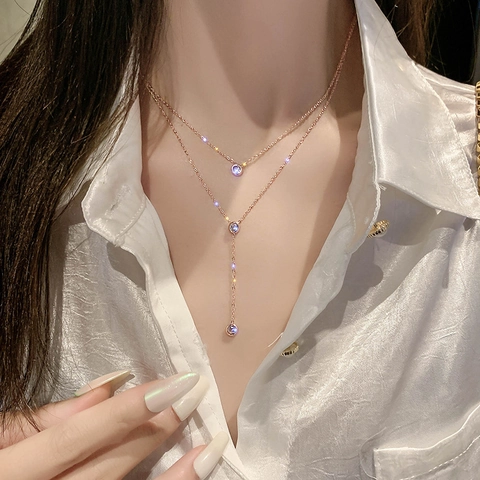Layered Y Necklace Titanium Steel Rhinestone Clavicle Chain Minimalist Elegant Jewelry For Women Non Fading