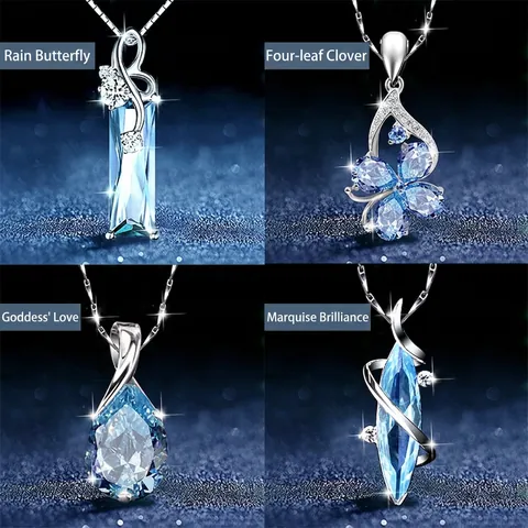Copper Pendant Necklace Blue Crystal Four Leaf Clover Butterfly Waterdrop Elegant Vintage Luxury Jewelry For Women