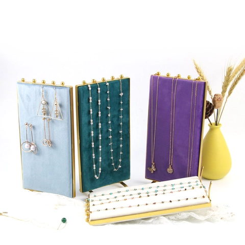 Jewelry Display Rack Velvet Gold Metal Screen Shape Necklace Earring Organizer Desktop Stand Elegant Holder