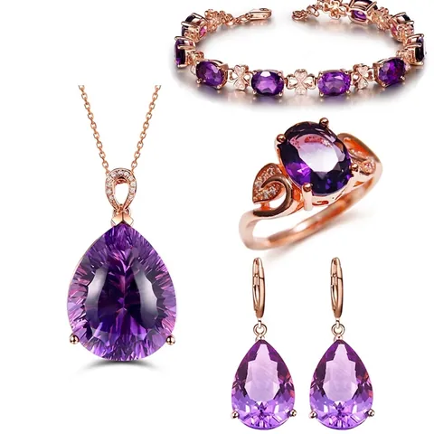 Amethyst Purple Gemstone Jewelry Set Rose Gold Plated Pear Water Drop Necklace Ear Hook Ring Bracelet Elegant Women Accessory