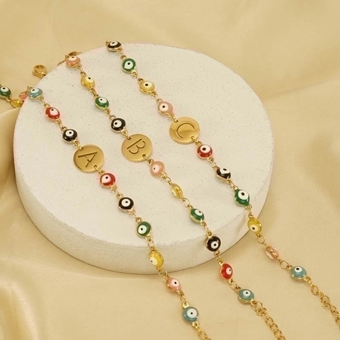 Evil Eye Armband 18K Verguld Roestvrij Staal Kleurrijk Emaille Turkse Initialen Letter Hanger Mode Sieraden Voor Dames