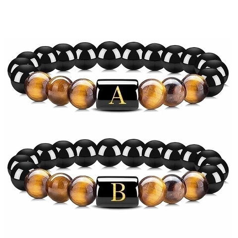 Initial Letter Bracelet Natural Tiger Eye Black Obsidian Handmade Beaded Elastic Jewelry For Men Women Gift