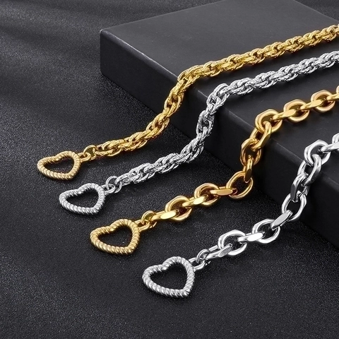 Bracciale In Acciaio Inossidabile Chiusura A T Forma Di Cuore T-Bar Catena A Maglie Grosse Stile Hip Hop Punk