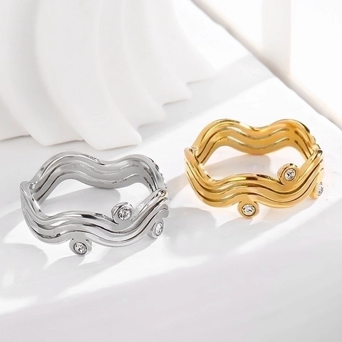 Golfring Roestvrij Staal Cubic Zirconia Gestapelde Band Modern Minimalistisch Ins Stijl Mode Sieraden Voor Dames