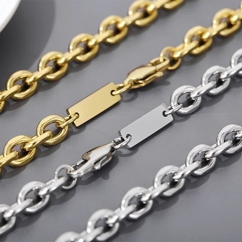 Hip Hop Stainless Steel Necklace And Bracelet With Square ID Tag Plate O-Link Chain Jewelry Unisex Gold Silver Color