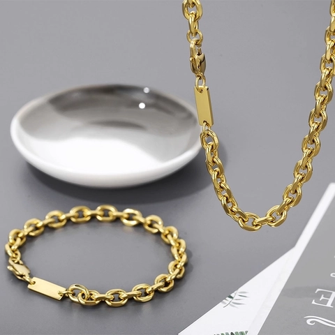Hip Hop Stainless Steel Necklace And Bracelet With Square ID Tag Plate O-Link Chain Jewelry Unisex Gold Silver Color