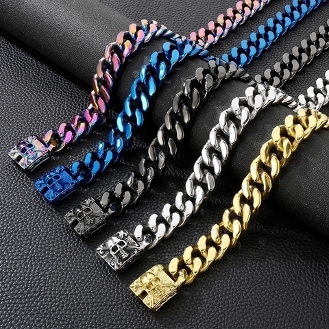 Men Cuban Link Chain Necklace 316L Stainless Steel Heavy Skull Head Punk Hip Hop Polished Domineering Jewelry
