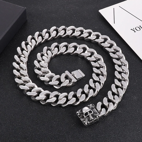 Men Cuban Link Chain Necklace 316L Stainless Steel Heavy Skull Head Punk Hip Hop Polished Domineering Jewelry