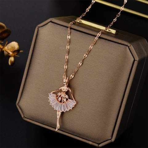Elegante Edelstahl Ballett Tänzerin Anhänger Halskette Für Damen Roségold Gold Silber Strass Schlüsselbein Kette Schmuck