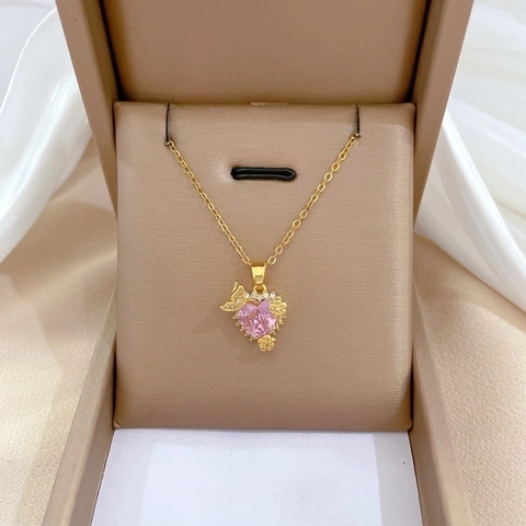 Heart Pendant Necklace With Butterfly Flower Titanium Steel Chain Brass Micro Pave Cubic Zirconia Luxury Jewelry For Women