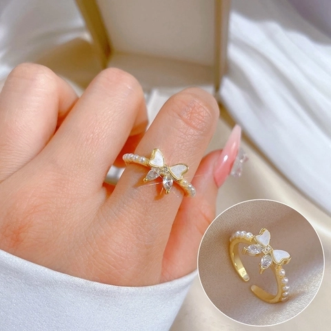 Anello Aperto Con Fiocco In Ottone Placcato Oro Con Zirconi Künstliche Perle Smalto Gioielli Regolabili Per Donna Elegante