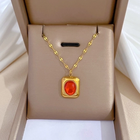 Vintage Quadratischer Anhänger Halskette Titanstahl Vergoldet Mit Ovalem Edelstein Minimalistischer Schmuck Geschenk