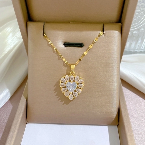Elegante Herzanhänger Halskette Für Frauen Titanstahlkette Mit Zirkon Kupferanhänger Gold Vergoldet Luxusschmuck