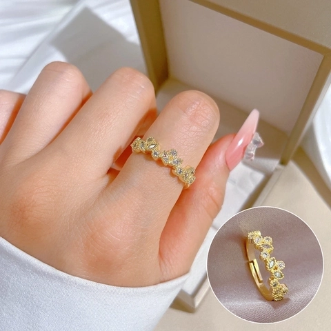 Bague Ajustable Ouverte En Laiton Plqué Or Avec Zirconium Cube Motif Feuille Bijoux Minimalistes Pour Femmes