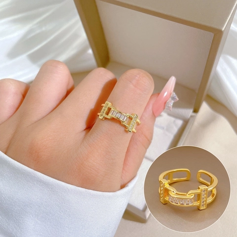 Baguette Zirkonia Messingring Echtvergoldet Verstellbar Offen Geometrisch Minimalistischer Schmuck Für Damen
