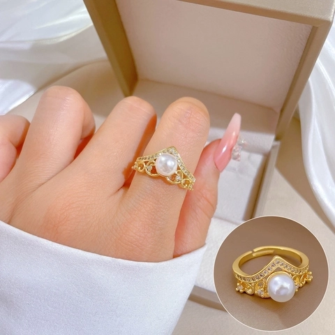 Crown Artificial Pearl Ring Brass Gold Plated Adjustable Hollow Zirconia Princess Style Elegant Jewelry For Women