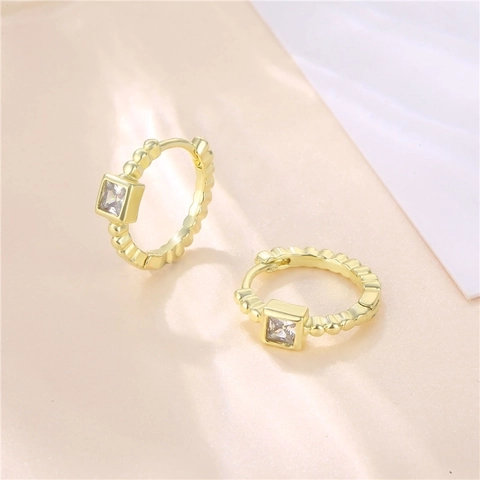 Geometric Square CZ Hoop Earrings Copper 14K Gold Plated Bead Texture Silver Earring Post For Women Minimalist