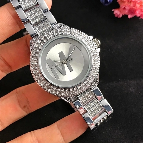 Women Quartz Watch Alloy Rhinestone Pave Bezel Metal Link Bracelet Sparkling Fashion Luxury Round Dial