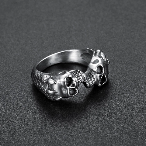 Double Skull Head Ring Stainless Steel Vintage Gothic Punk Biker Jewelry For Men Women