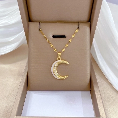Maan Hanger Ketting Titanium Staal Koper Zirkonia Email Ingelegd Elegante Modieuze Sleutelbeen Ketting Sieraden Vrouwen