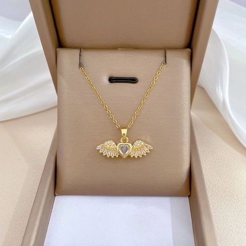 Engel Vleugel Hart Hanger Ketting Goud Verguld Roestvrij Staal Zirkoon Ingelegd Sleutelbeen Sieraden Voor Vrouwen